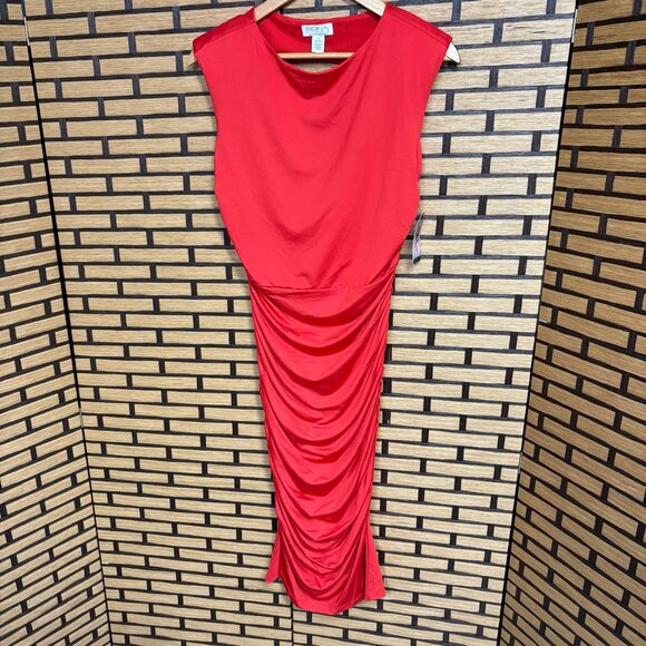 Sofia Vergara Red Ruched Midi Dress Size Medium - Picture 1 of 8